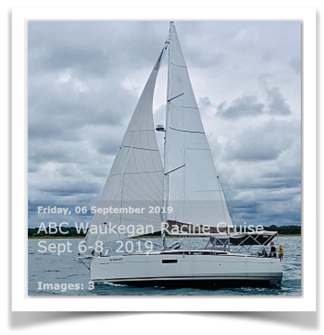 Pictured is the sailboat Sunny Side Up with skipper Amy Gallagher at the helm during the September 2019 roundtrip cruise from Waukegan Illinois to Racine Wisconsin.